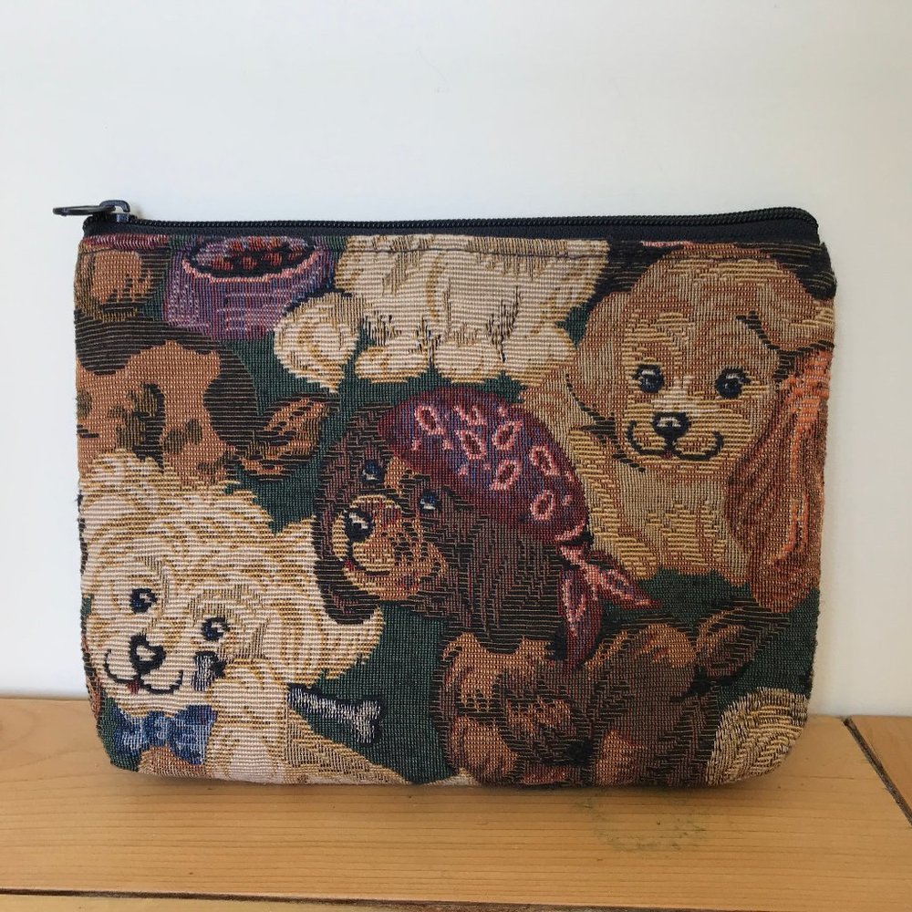 Puppy Dog Tapestry Zip-Up Pouch Make Up Bag Made in Canada Moon Glow 6.5x8.5"
